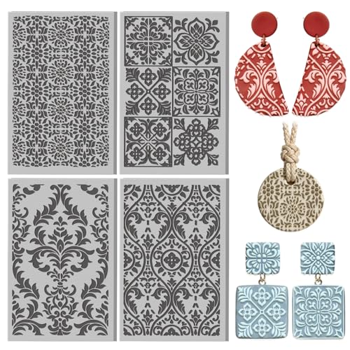 4 Pcs Gorgeous and Exquisite Pattern Polymer Clay Texture Sheet Ornate Royal Rubber Clay Texture Mat for Polymer Clays Making Earrings Jewelry DIY Crafts, 4 × 2.5 Inch - style: Ornate Royal