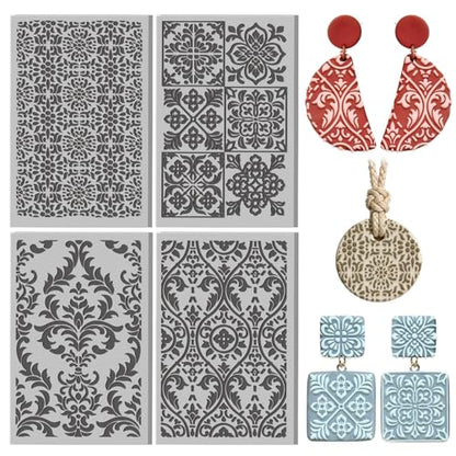4 Pcs Gorgeous and Exquisite Pattern Polymer Clay Texture Sheet Ornate Royal Rubber Clay Texture Mat for Polymer Clays Making Earrings Jewelry DIY Crafts, 4 × 2.5 Inch - style: Ornate Royal