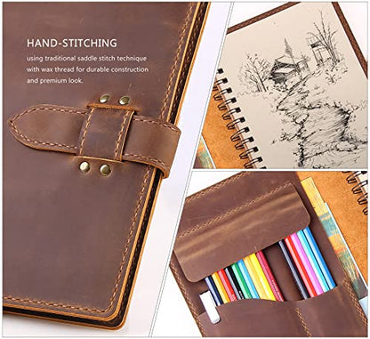 Robrasim Handmade Leather Sketchbook Cover, Leather Artist Sketch Pad Cover for 5.5" x 8.5" Sketchbook, Drawing Book and Pencil Case, Journal Notebook Portfolio, Artis Gifts-Brown - color: Brown