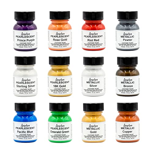 Angelus Acrylic Leather Paint Kit Metallic & Pearlescent 12 Pack Set (1 oz each) - Professional Metallic Acrylic Paint - Flexible, Crack, Peel Resistant for Shoes, Sneakers, Canvas, Demin, Wood