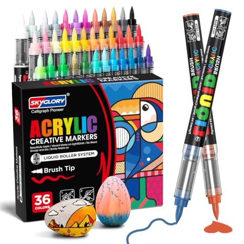 36 Colors Brush Tip Acrylic Paint Marker Pens, Liquid Large Ink Markers for Calligraphy, Canvas, Wood & Crafts | Quick-Dry, Flexible Tip | Artist-Grade Drawing Supplies (36)