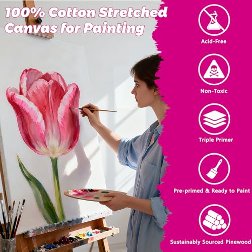24 Pack Stretched Canvas Frames, 6 Sizes 4x4 to 16x20, Black & White Blank Canvases, Triple Primed 100% Cotton with Natural Cotton Seeds, Acid-Free, Warp-Resistant Canvas Frame for Acrylics & Oils - size: 4x4", 6x6", 8x8", 10x12", 12x16", 16x20" - 24Pack