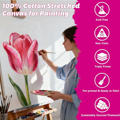 24 Pack Stretched Canvas Frames, 6 Sizes 4x4 to 16x20, Black & White Blank Canvases, Triple Primed 100% Cotton with Natural Cotton Seeds, Acid-Free, Warp-Resistant Canvas Frame for Acrylics & Oils - size: 4x4", 6x6", 8x8", 10x12", 12x16", 16x20" - 24Pack