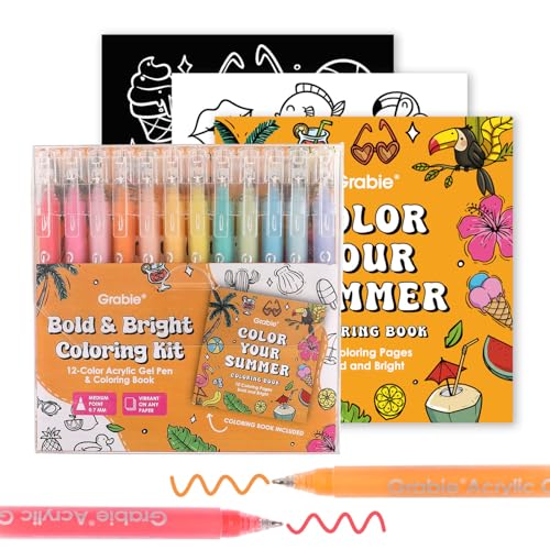 Grabie Coloring Kit, Acrylic Gel Pens Set with Coloring Book, 1.0mm Medium Tip Opaque Gel Pens for Adult Coloring Books, Drawing, Journaling, Planner, Art Supplies Gift Set of 12 Summer Colors - color: Summer Colors