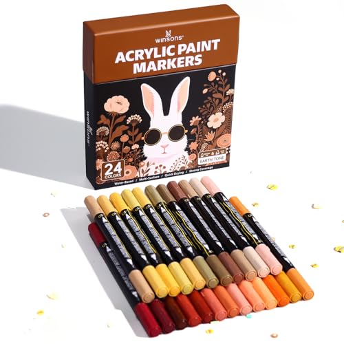 WINSONS 24 Colors Acrylic Paint Markers Set – Vibrant Permanent Paint Pens with Brush & Fine Tip, Water-Based Quick Dry for Rock Painting, Canvas, Wood, Glass, Fabric, DIY Art Supplies (Earth Tone) - style: Earth Tone