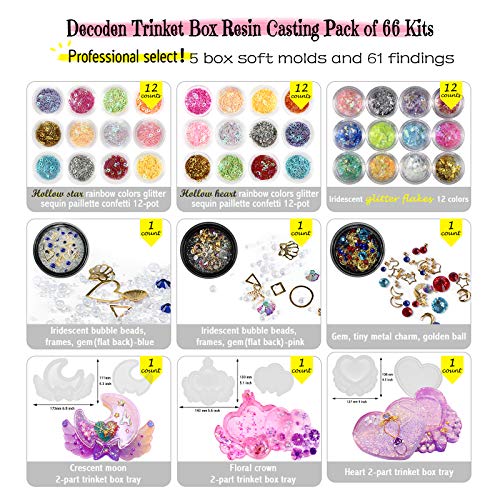 FUNSHOWCASE Trinket Box Resin Silicone Mold Set Jewelry Making 74 Kits Glitter Confetti Mermaid Pearl Iridescent Flims Pipettes Droppers Wood Sticks