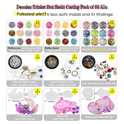 FUNSHOWCASE Trinket Box Resin Silicone Mold Set Jewelry Making 74 Kits Glitter Confetti Mermaid Pearl Iridescent Flims Pipettes Droppers Wood Sticks