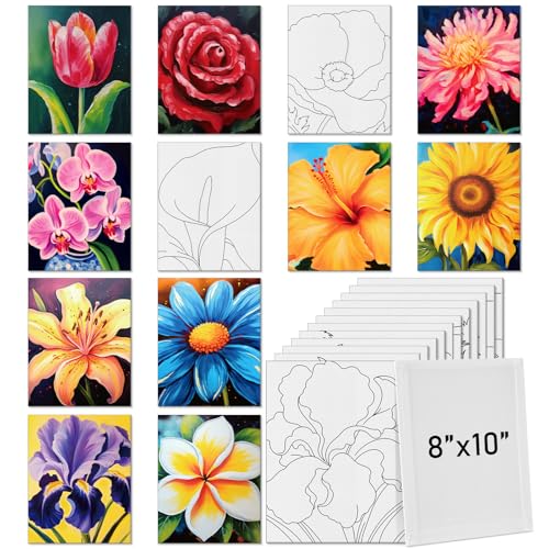 Tinlade 12 Pcs 7.9 x 9.8 Inch Pre Drawn Canvases for Painting Pre Stretched Canvas DIY Coloring Outline Painting Boards for Beginners Adults (Abstract Flower) - size: Abstract Flower