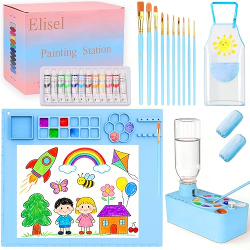 Elisel Painting Station,5 IN 1 Art Paint Supplies Kits,Paint Brush Cleaner (Upgraded),Silicone Painting Mat 12 Colors Paint Set,10 Paint Brushes,Painting Apron for Kids Artist Beginners (Blue, 5) - color: Blue