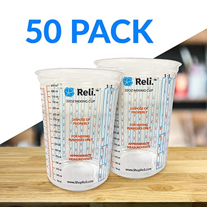 Reli. (50 Pcs) 32 oz (1 quart) Paint Mixing Cup | Disposable Measuring Cups | Clear Plastic Mixing | Use for Paint, Epoxy, Resin, Pigments (32oz)