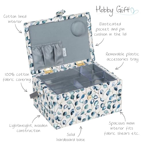 Hobby Gift Medium Sewing Box Organiser, Fabric Covered Storage Box with Handle, Internal Tray, Pin Cushion and Pocket for Sewing, Quilting and Knitting Supplies - color: Botanical