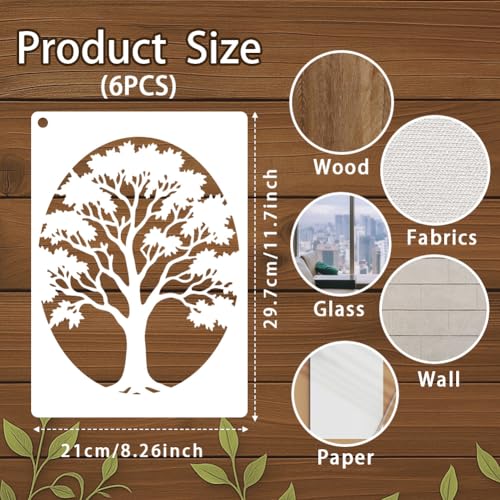 6 Sheets Tree Stencils for Painting, 9 Styles Reusable Natural Plants Drawing Template Reusable Art Templates for Painting on Canvas Wood Wall Home Decor - style: Trees