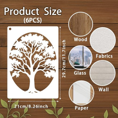 6 Sheets Tree Stencils for Painting, 9 Styles Reusable Natural Plants Drawing Template Reusable Art Templates for Painting on Canvas Wood Wall Home Decor - style: Trees