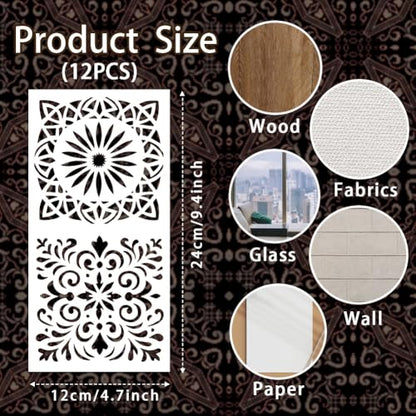 12 Sheets Mandela Painting Stencils, 24 Styles Mandela Dot Drawing Templates Reusable Geometric Border Stencil for Painting on Wall Wood Home Decor - style: Mandela