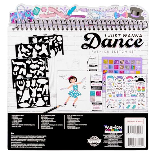 Fashion Angels I Just Wanna Dance Fashion Sketch Set, Create Dance-Themed Outfits with 35 Sketch Pages, 100+ Stickers & Stencils, Fun Craft Kit for Kids - color: I Just Wanna Dance