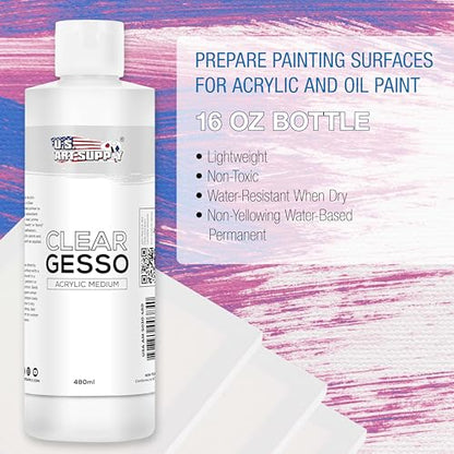 U.S. Art Supply Clear Gesso Primer (16oz) for Oil & Acrylic Painting - Enhances Blending & Canvas Paint Prep - Mixable Clear Gesso Primer for Acrylic Painting - color: Clear