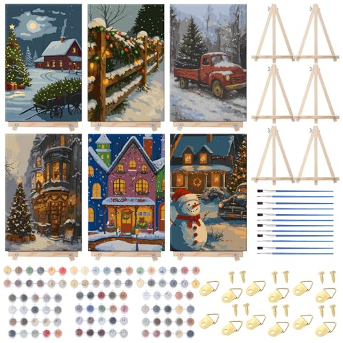 YooNotee 6 Pcs Winter Wonderland Paint by Numbers Kit for Adults 12x8 Inch Christmas Themed Canvas with Easel, DIY Oil Painting for Beginners, Home Wall Decor - style: Tree