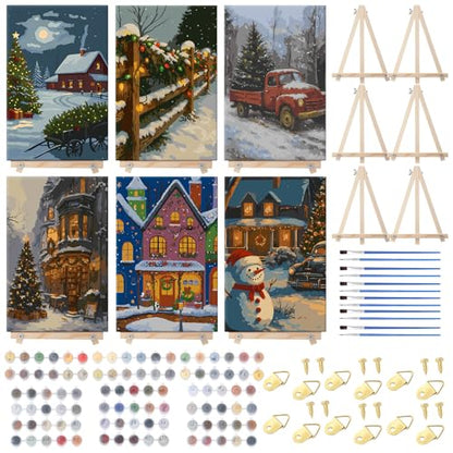 YooNotee 6 Pcs Winter Wonderland Paint by Numbers Kit for Adults 12x8 Inch Christmas Themed Canvas with Easel, DIY Oil Painting for Beginners, Home Wall Decor - style: Tree