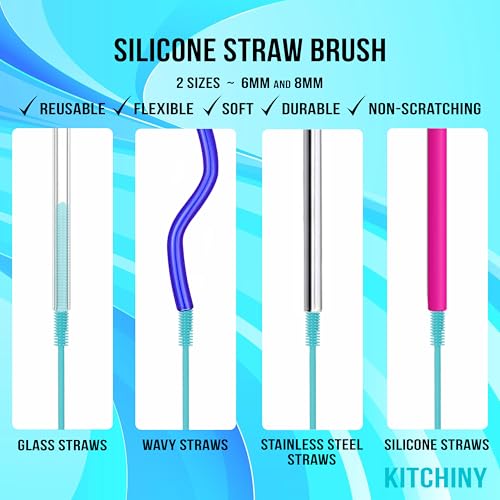 Kitchiny Silicone Bottle Brush with 2 Straw Cleaners - 12.5” Water Bottle Cleaner Brush for Yeti, Hydro Flask, Owala, Stanley, Baby Bottles, Glassware, Vases & Narrow Neck Containers - Blue - color: Blue