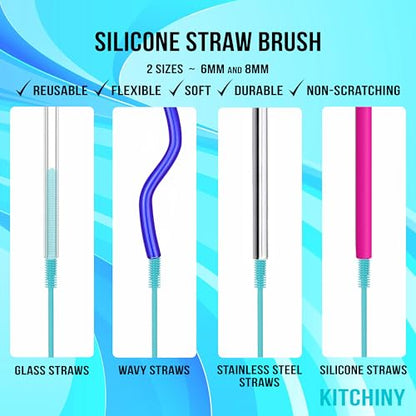 Kitchiny Silicone Bottle Brush with 2 Straw Cleaners - 12.5” Water Bottle Cleaner Brush for Yeti, Hydro Flask, Owala, Stanley, Baby Bottles, Glassware, Vases & Narrow Neck Containers - Blue - color: Blue