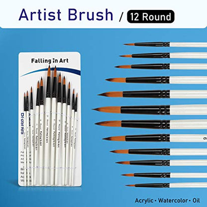 Falling in Art Paint Brushes Set, 12 PCS Nylon Professional Round Paint Brushes for Watercolor, Oil Painting, Acrylic, Face Body Nail Art, Crafts, Rock Painting - size: 12 Pcs Round Nylon