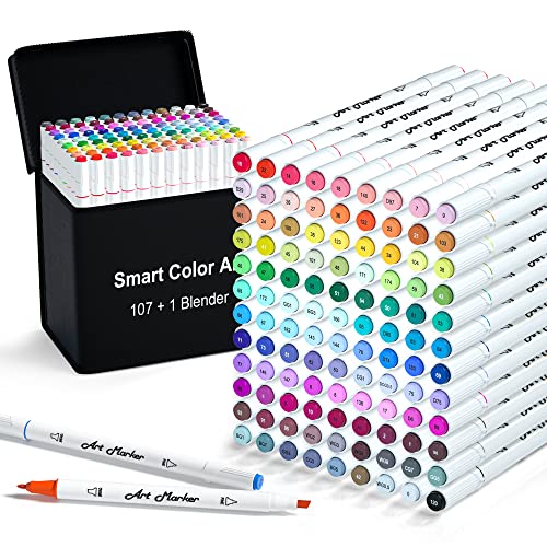 Smart Color Art 108 Pack Art Markers, 107 Alcohol Based Marker Pens and 1 Blender, Dual Tip Coloring Permanent Markers Highlighters with Case, Excellent for Adults Kids Marking Drawing Sketching