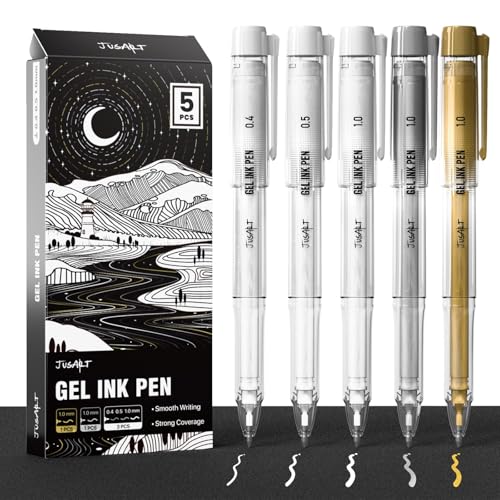 JusArt White Pen, Gold Pens & Silver Pen with 0.4mm, 0.5mm & 1.0mm Assorted Tips, Opaque Ink Pens for Black Paper, Journaling & DIY Crafts, Ideal Drawing Pens for Artists & Art Supplies, 5 Pack - color: Multicolor, size: 1 Count (Pack of 5)