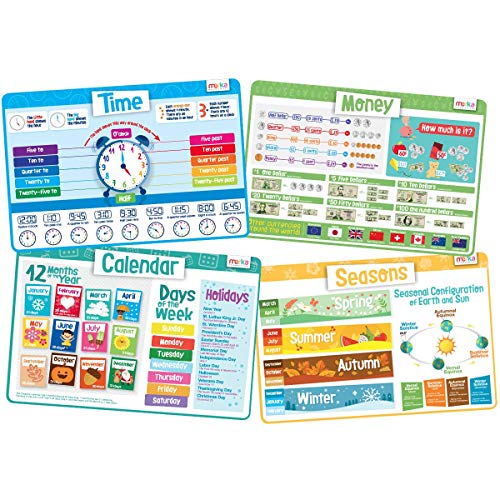 Merka Kids Placemat for Dining Table - 4 Pack 17 x 11 in Multicolor - Teaching Time, Money & Kids Calendar - Four Seasons Scenes - Silicone Reusable & Wipeable - style: Time, Money, Calendar, Seasons