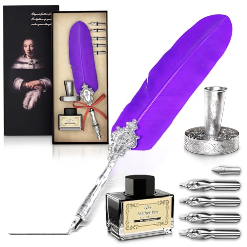 Victorian Writing Quill and Ink Set – Stainless Steel Dip Pen Feather Quill Pen and Ink Set with 5 Nib Refills, Secure Textured Grip, Gift-Ready Box with Display Stand – Calligraphy Gift Set (Purple) - color: Purple