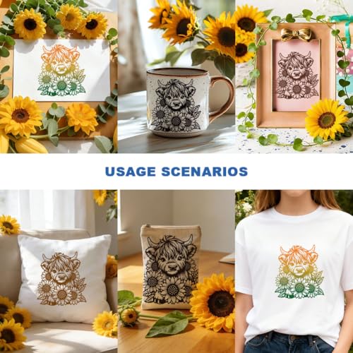 2 Pcs Highland Cow Silk Screen Stencil, Sunflower Self-Adhesive Reusable Silk Screen Printing Stencils Template for Painting on Wood, Fabric, Walls, Garden Decor & DIY Crafts - style: Sunflowers Cow