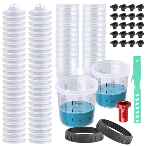 Disposable Paint Spray Gun Cups for Automotive Paint Gun, Paint Mixing Cups 20 Ounce Kit - 50 Pack Paint Cups with Lids,2 Hard Cups with 2 Retainer Rings,1 Paint Gun Adapter and 1 Paint Stirrer - size: 20 ounce