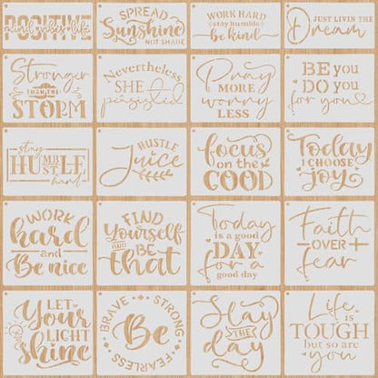 20 PCS Artistic Word Stencils, 4 Inch Inspirational Word Reusable Plastic Paint Templates, Quote Phrase Sayings Stencils Set for Painting on Wood Wall Canvas Fabric Paper Home Sign Furniture Canvas - color: I