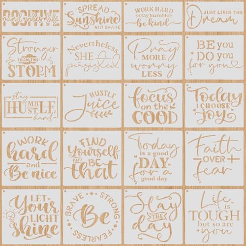 20 PCS Artistic Word Stencils, 4 Inch Inspirational Word Reusable Plastic Paint Templates, Quote Phrase Sayings Stencils Set for Painting on Wood Wall Canvas Fabric Paper Home Sign Furniture Canvas - color: I