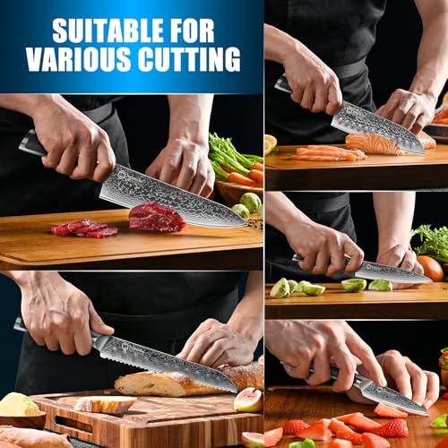 Sunnecko Damascus Kitchen Knife Set 5 Piece, Sharp Chef Knife Set Professional Kitchen Knives Sets Full Tang with Gift Box - size: Set of 5
