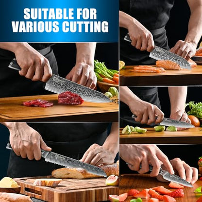 Sunnecko Damascus Kitchen Knife Set 5 Piece, Sharp Chef Knife Set Professional Kitchen Knives Sets Full Tang with Gift Box - size: Set of 5