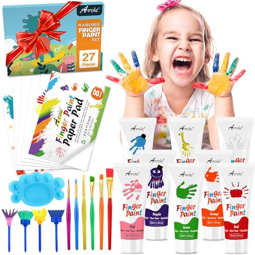 27PCS Kids Washable Finger Paint Set, 8 Colors Non Toxic Finger Paints, Finger Paint Paper, Brushes, Sponges, Art Painting Supplies for Toddlers,Finger Painting Supplies for Kids Boys Girls Gifts - color: 8 colors set