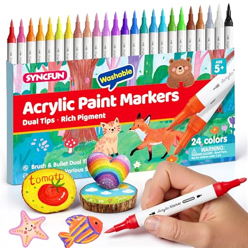 SYNCFUN 24 PCS Washable Acrylic Paint Markers, Dual Tip Acrylic Paint Pens for Paper, Window, Fabric, Canvas, Rock, Wood, Glass, Mirror, Plastic, Metal, Birthday Valentine Easter Gifts for Kids