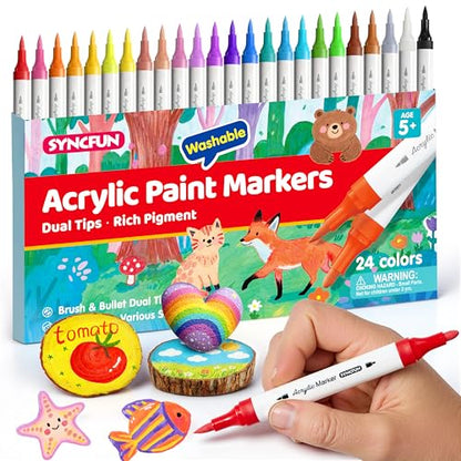 SYNCFUN 24 PCS Washable Acrylic Paint Markers, Dual Tip Acrylic Paint Pens for Paper, Window, Fabric, Canvas, Rock, Wood, Glass, Mirror, Plastic, Metal, Birthday Valentine Easter Gifts for Kids