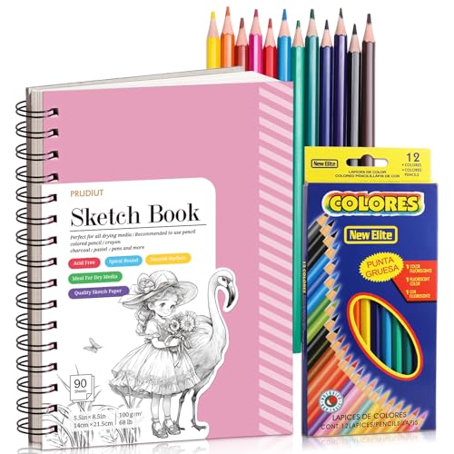 Sketch Book with 12 Color Pencil Set, 90 Sheets Spiral Sketchbook for Drawing (68lb/100gsm), Acid-Free Sketch Pad for Kids Artist, Art Paper Drawing Supplies for Gifts(Pink) - color: Pink, size: 5.5×8.5 Inch (1 Pack)