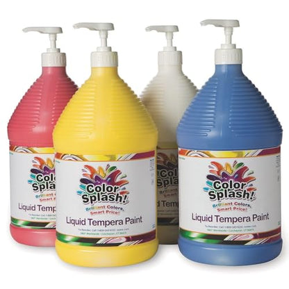 S&S Worldwide Color Splash! Liquid Tempera Bulk Paint, Primary Colors & White, 4 FREE Paint Pumps, 128oz (Gallon) Bottles, Arts & Crafts, School, Camp, For Kids & Adults, Non-Toxic, Set of 4.