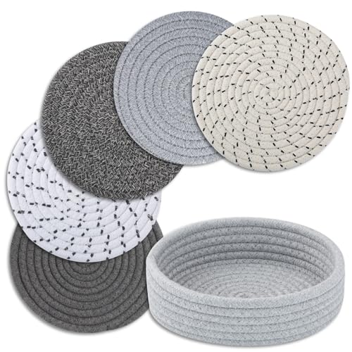 Trivets for Hot Dishes, Pots and Pans, Hot Pads with Storage Basket, Pot Holders for Kitchen, Heat Resistant Mat Protect Counter Home Essentials, Farmhouse Decor (Mix Gray 5 PCS) - color: Mix Grey