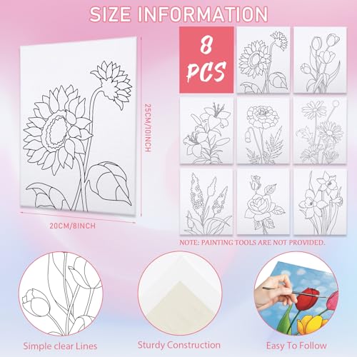 8 Pack Paint and Sip Kit for Adults, Flower Theme Pre Drawn Canvas to Paint Stretched Outline Canvas Art Painting Set Lady Night Party Favor Supplies Gift(8x10) - size: 8x10, style: Floral, without Frame
