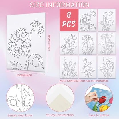 8 Pack Paint and Sip Kit for Adults, Flower Theme Pre Drawn Canvas to Paint Stretched Outline Canvas Art Painting Set Lady Night Party Favor Supplies Gift(8x10) - size: 8x10, style: Floral, without Frame