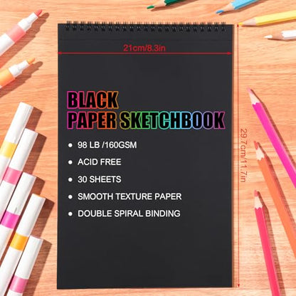 30 Sheets Black Paper Sketchbook, 98lb/160gsm Heavyweight Black Sketch Pad 8.3×11.7in, Acid-Free Drawing Paper, Spiral Bound Sketch Book for Kids, Teens, Artist - size: 8.3×11.3 Inch (1 pack)