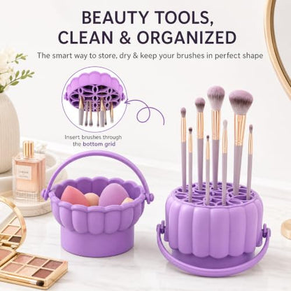 Pinkiou Makeup Brush Cleaner Mat, 3-in-1 Silicone Cosmetic Brushes Cleaning Bowl with Hanging Drying Mesh & Holder Organizer, Multi-Texture Wash Pad Tool for Sponges, Powder Puffs, Home and Travel - color: Purple