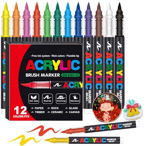 Amamao Acrylic Paint Markers, Soft Brush Tip Pens and Markers, Acrylic Paint Pens for Wood, Stone, Canvas, Glass, Fabric, Egg, Rock Painting and DIY Crafts Art Supplies (12) - style: 12 BOX