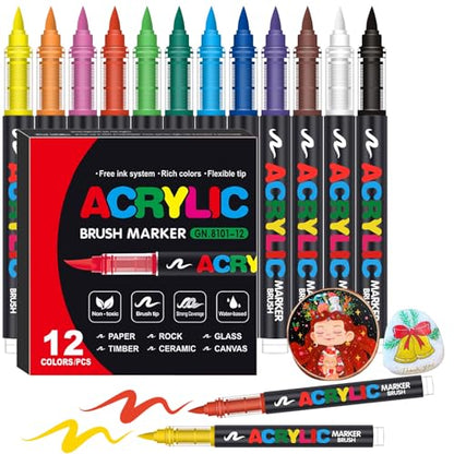 Amamao Acrylic Paint Markers, Soft Brush Tip Pens and Markers, Acrylic Paint Pens for Wood, Stone, Canvas, Glass, Fabric, Egg, Rock Painting and DIY Crafts Art Supplies (12) - style: 12 BOX