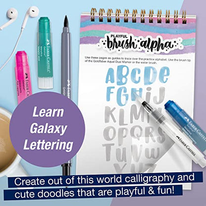 Faber-Castell Learn Galaxy Lettering: 40+ Page Calligraphy Practice Book with Art Crayons, Water Brush & More, Screen-Free Art Gift for Kids, Tweens & Beginners (Ages 8+)