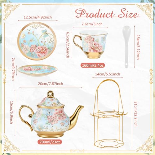 Zhehao 20 Pcs Porcelain Tea Set with Metal Holder and Spoon Adult Ceramic Tea Set European Flower Painting Teapot Cup Saucer Spoon for Women Mom Gift, Large Version (Vivid Style) - color: Vivid Style
