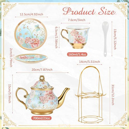Zhehao 20 Pcs Porcelain Tea Set with Metal Holder and Spoon Adult Ceramic Tea Set European Flower Painting Teapot Cup Saucer Spoon for Women Mom Gift, Large Version (Vivid Style) - color: Vivid Style